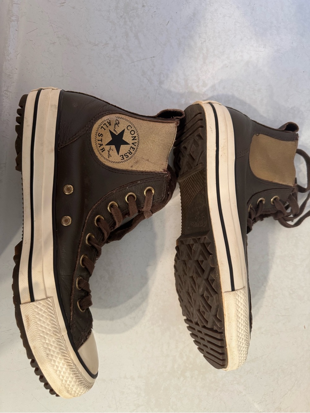 Chuck Taylor Leather Converse Brown High-Top Sneakers with White Toe Caps - Picture 5 of 10